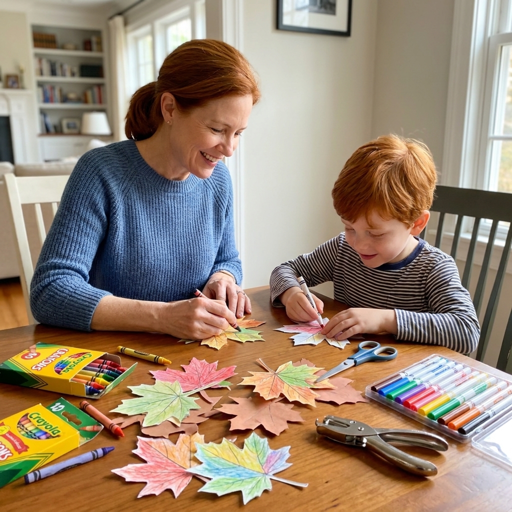 A parent and child coloring paper leaf cutouts with crayons and markers at a table, with scissors and a hole punch nearby