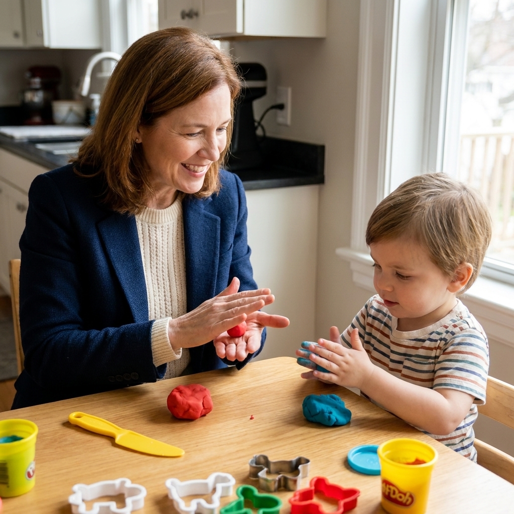 A parent and child rolling playdough into small balls on a wooden table with a child-safe plastic knife and cookie cutters