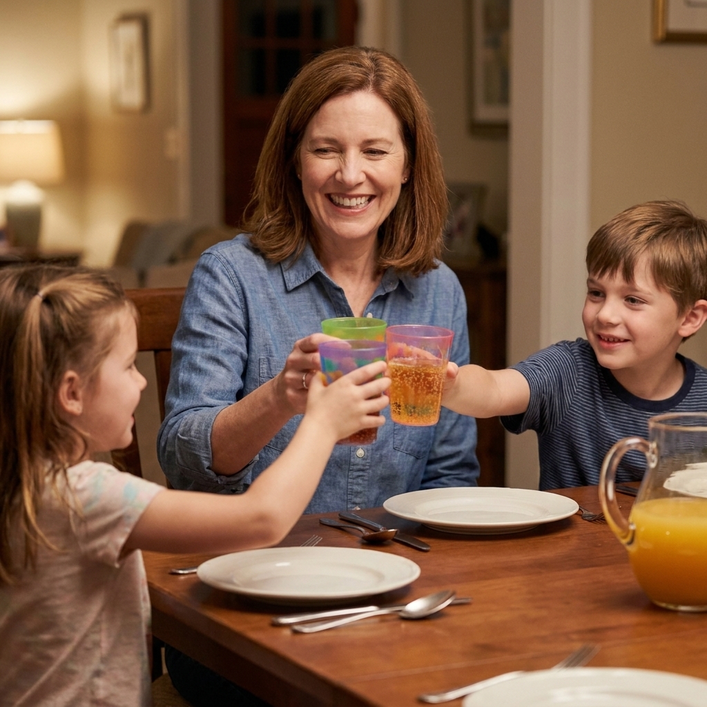 A parent and children clinking plastic cups filled with sparkling juice at a dining table