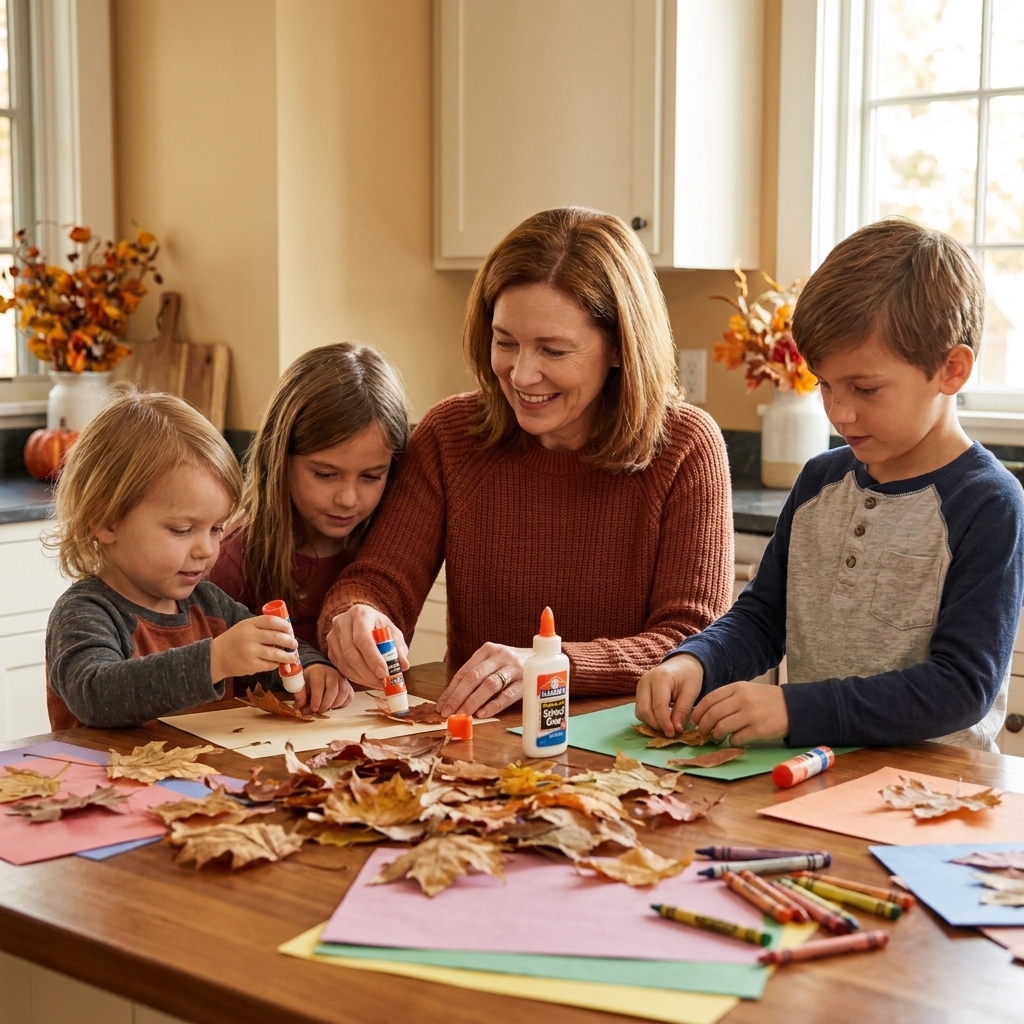 A parent and three children crafting at a kitchen table with autumn leaves, crayons, glue, and construction paper spread out