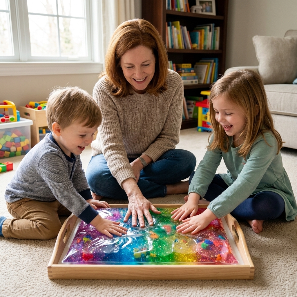 A parent and two young children sitting on the living room floor pressing and squishing a sealed sensory bag on a tray during indoor play