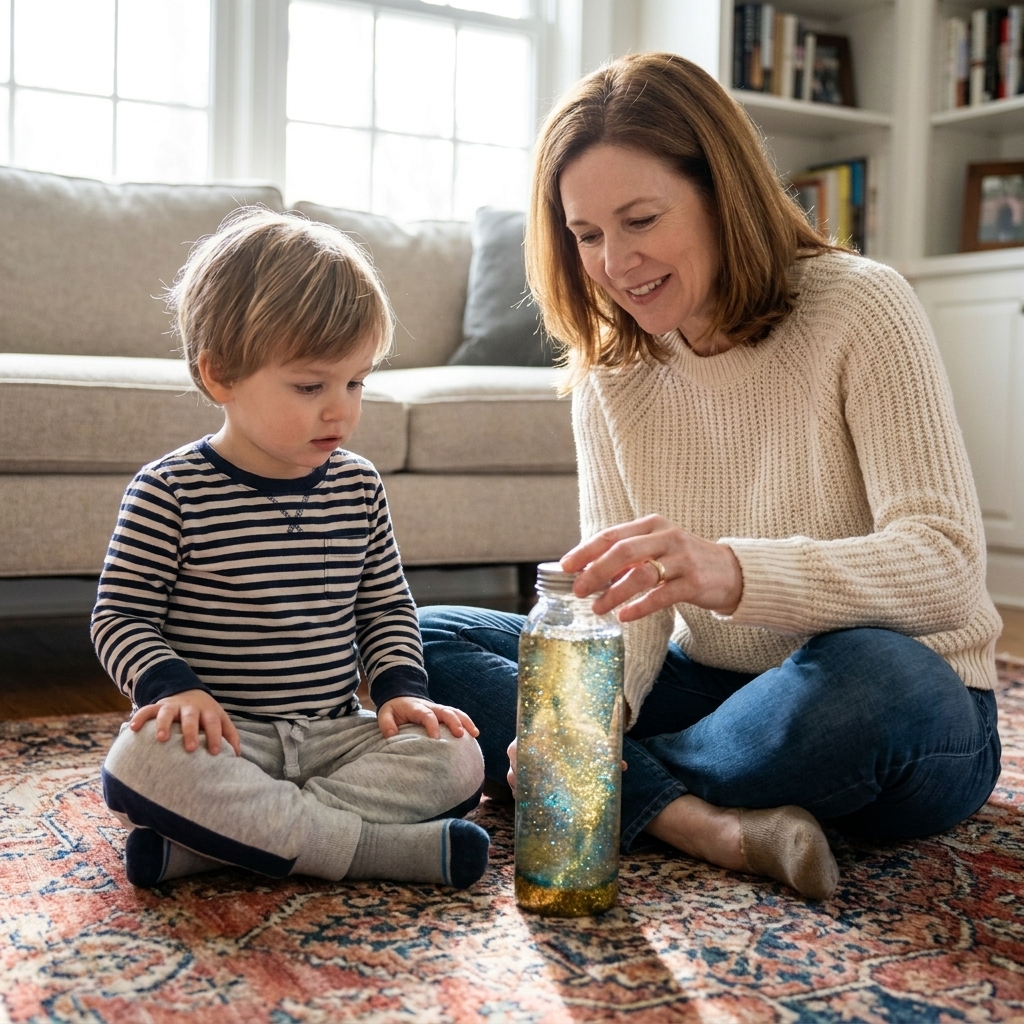 A parent and young child sitting on a living room rug quietly watching a glitter sensory bottle settle between them