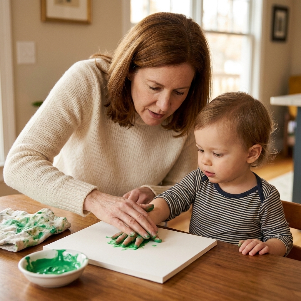 A parent gently pressing a toddler’s hand onto thick white cardstock with a small amount of edible paint for a simple handprint keepsake