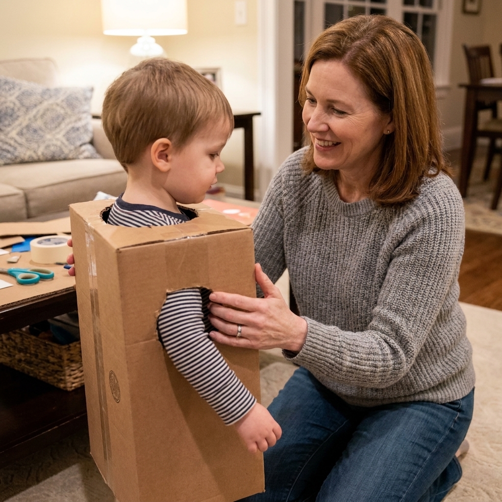 A parent helping a child try on a plain cardboard box with newly cut armholes during Halloween costume prep