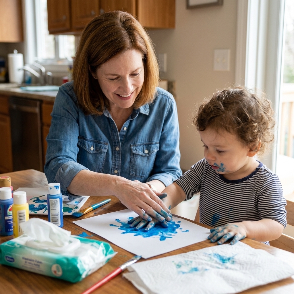 A parent helping a toddler press a painted hand onto white paper at a craft table with washable paint and wipes nearby