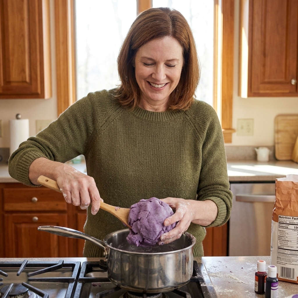 A parent stirring thick homemade playdough in a saucepan as it clumps into a smooth ball
