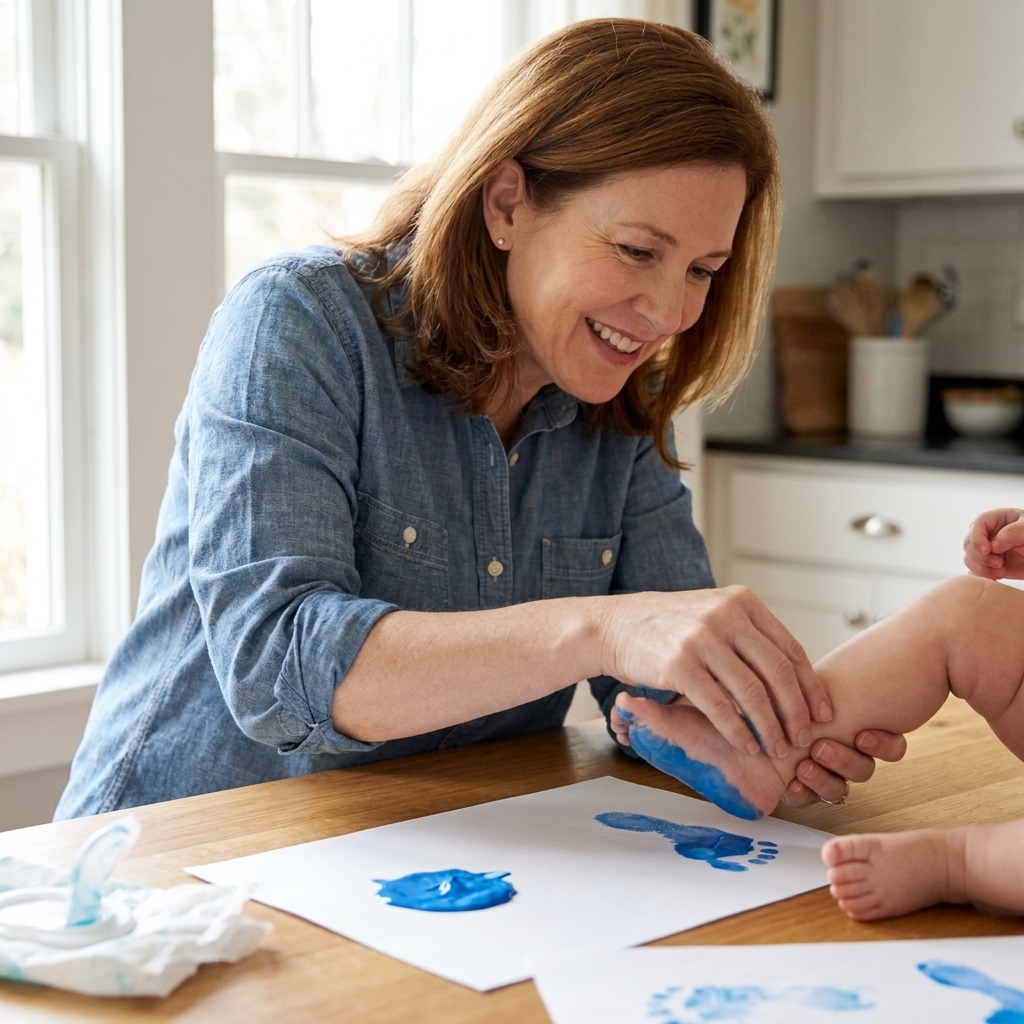 A parent supporting a baby's ankle while making a small footprint with washable paint on white paper at a kitchen table