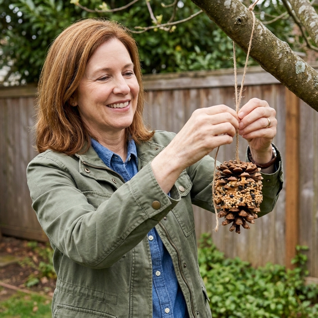 A pinecone bird feeder coated with seed and tied with string hanging from a backyard tree branch