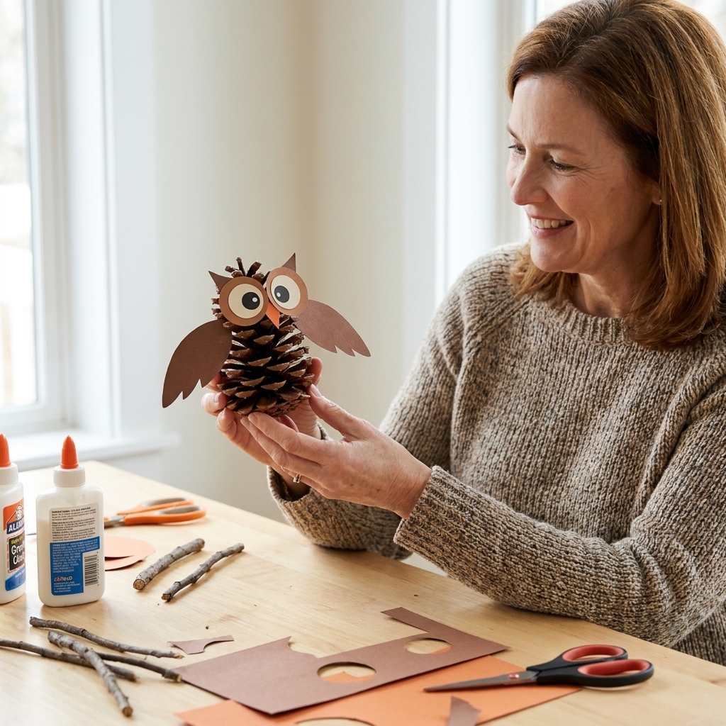 A pinecone owl craft with paper wings and round eyes sitting on a craft table with glue and small twigs nearby