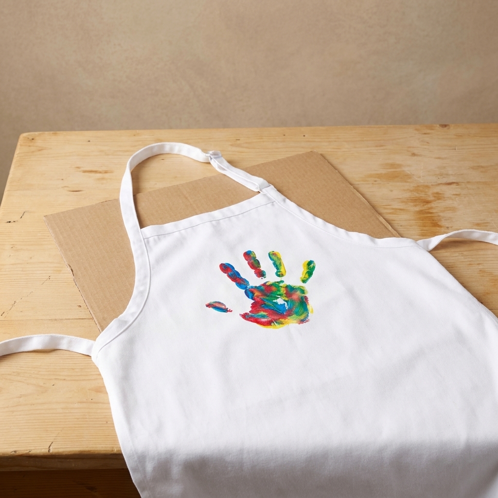 A plain white kitchen apron laid flat on a table with cardboard inside, featuring a single colorful child handprint on the front