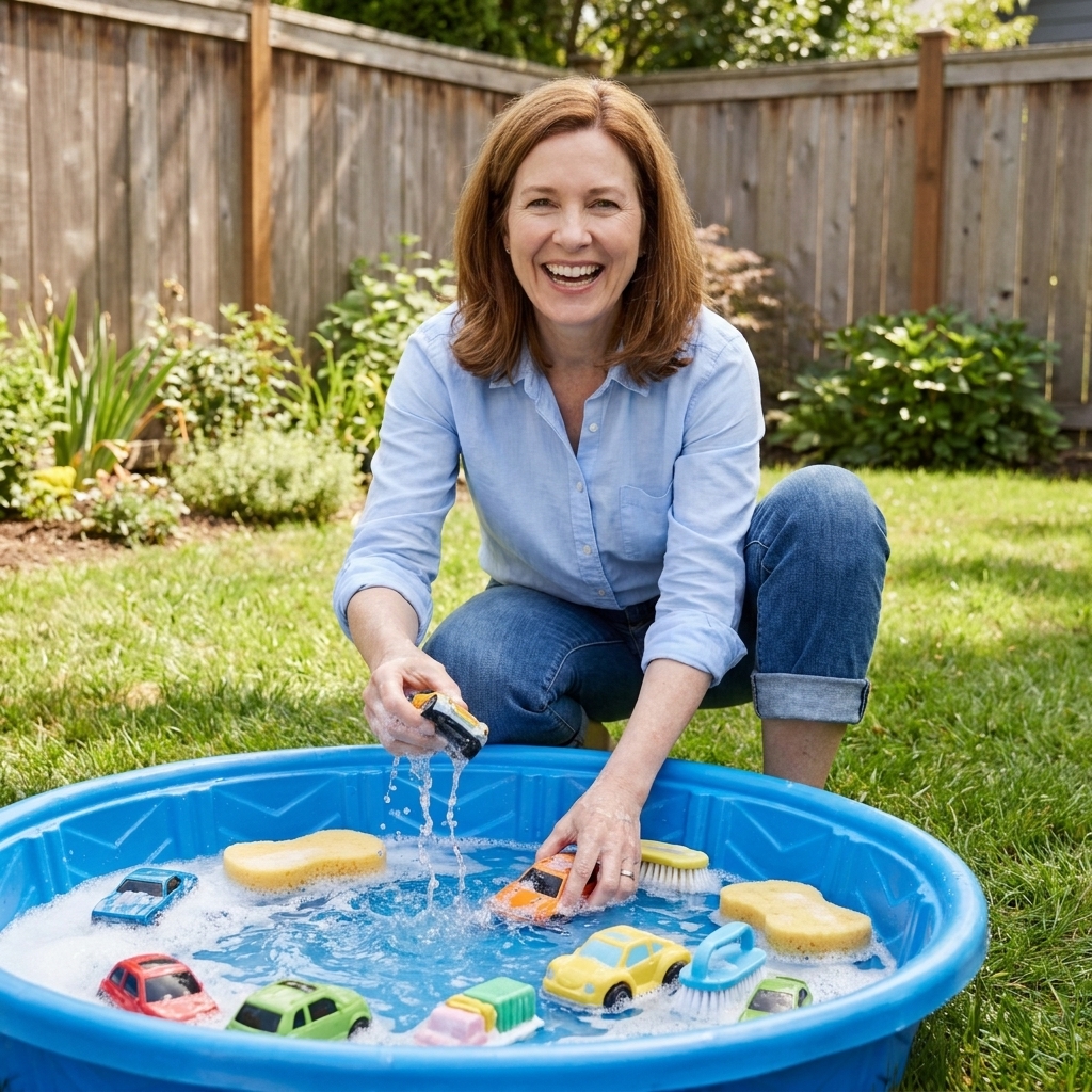 A plastic tub of water with toy cars, sponges, and small brushes set up for a backyard car wash activity
