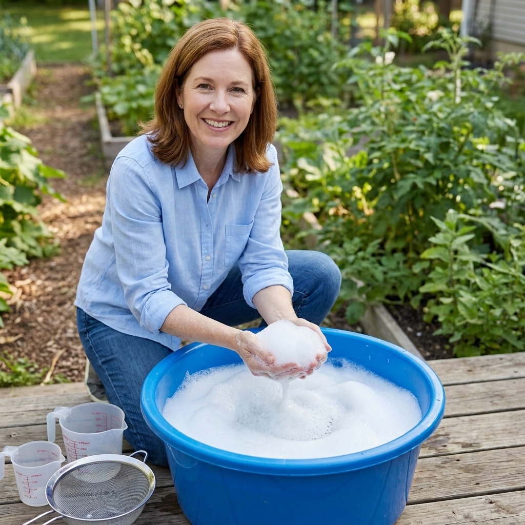 A plastic tub outdoors filled with fluffy bubble foam, with measuring cups and a strainer resting nearby