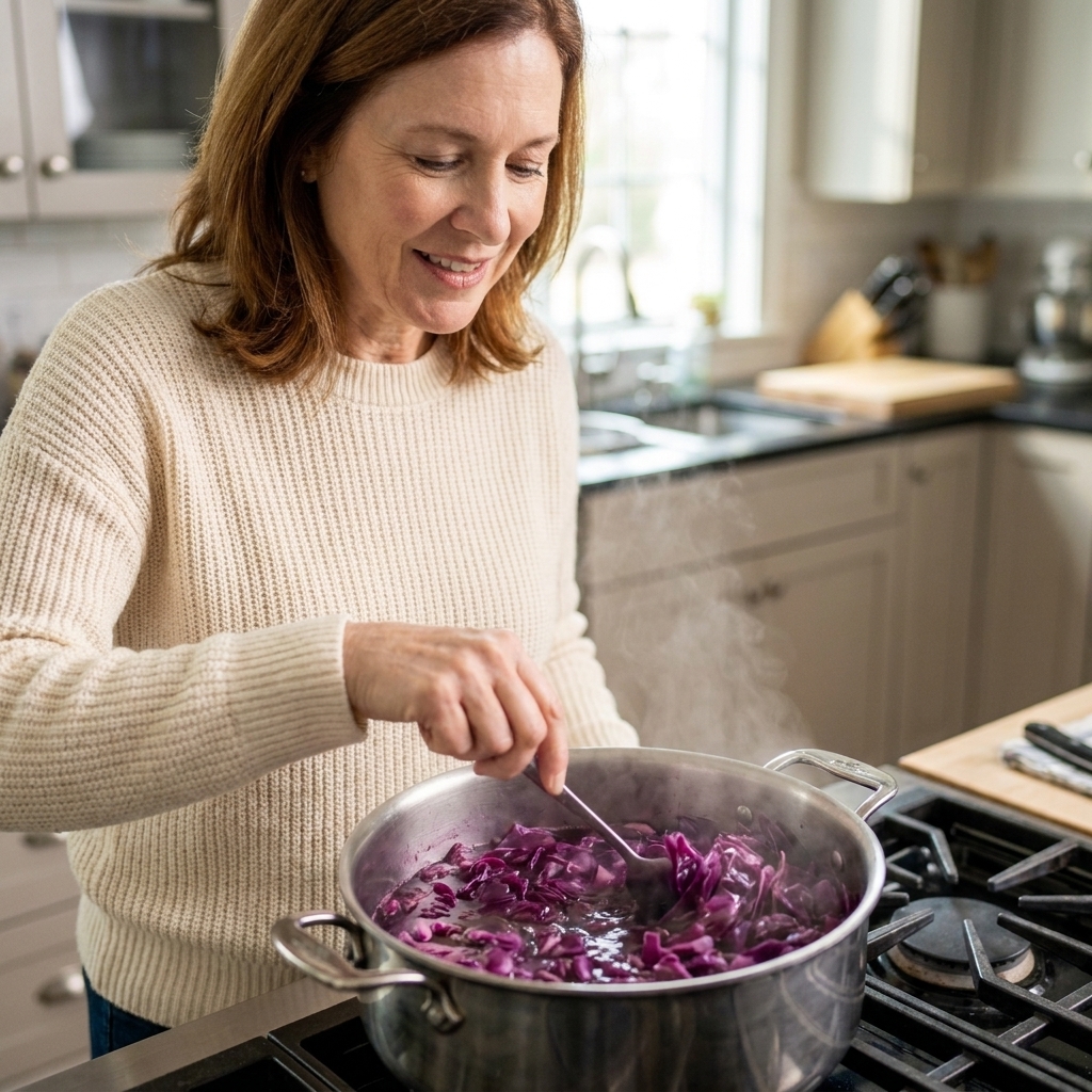 A pot of chopped red cabbage simmering on a stove with a deep purple liquid forming