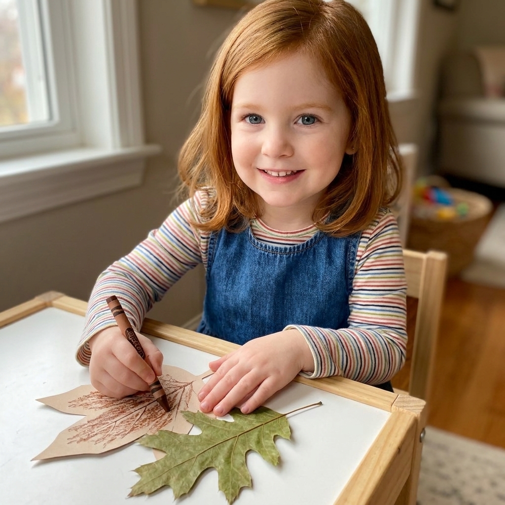 A preschool-aged child doing a crayon rubbing on a paper leaf shape with a real leaf underneath