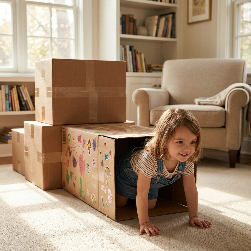 A preschool child crawling through a decorated cardboard box tunnel in a cozy living room with other boxes set up as obstacles