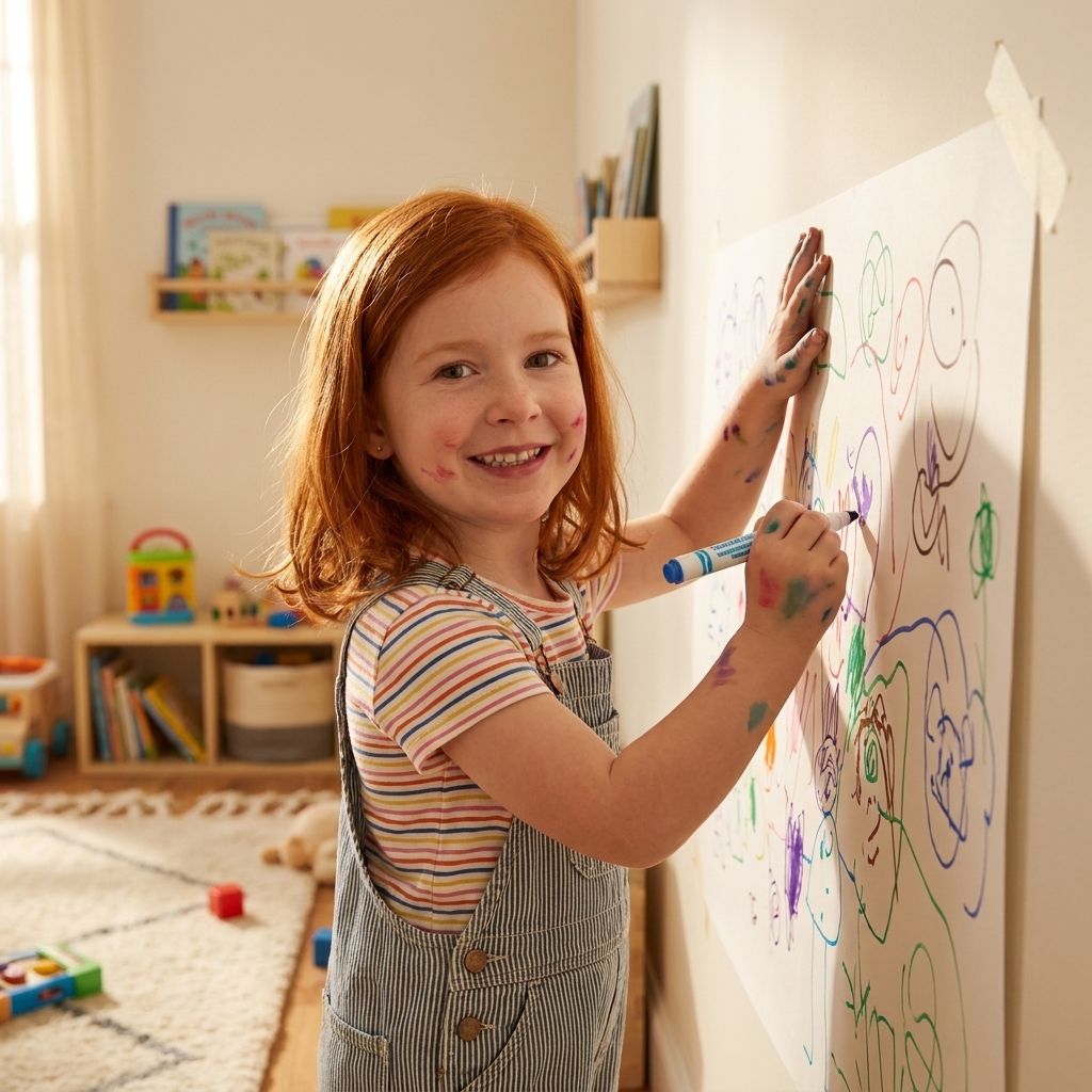 A preschool child drawing with washable markers on a large sheet of paper taped to the wall in a bright playroom