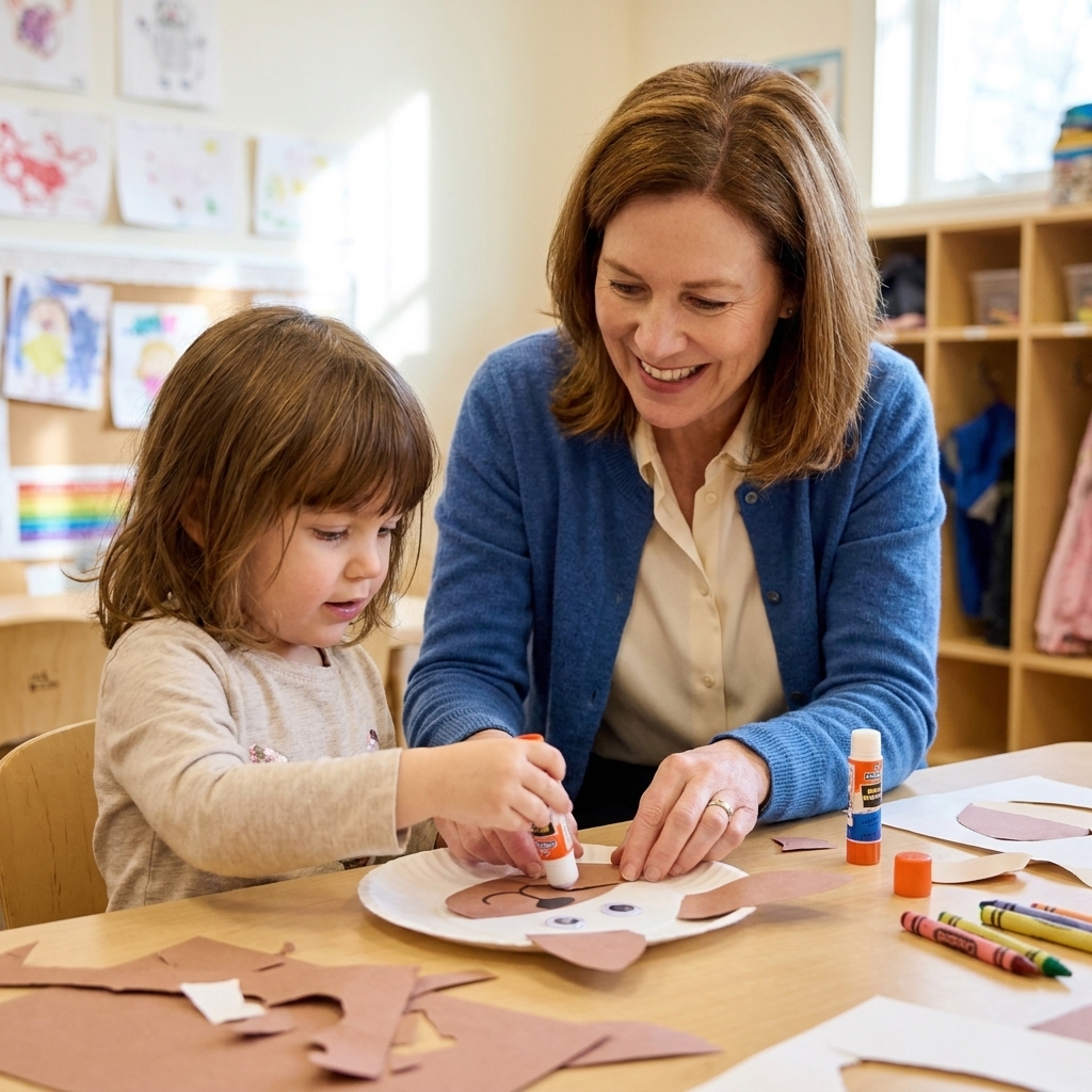 A preschool child gluing construction paper ears onto a paper plate animal face while an adult supervises