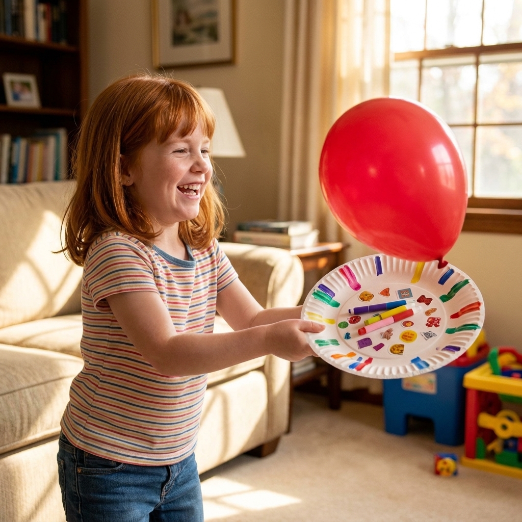 A preschool child holding a decorated paper plate paddle and batting a balloon in a living room