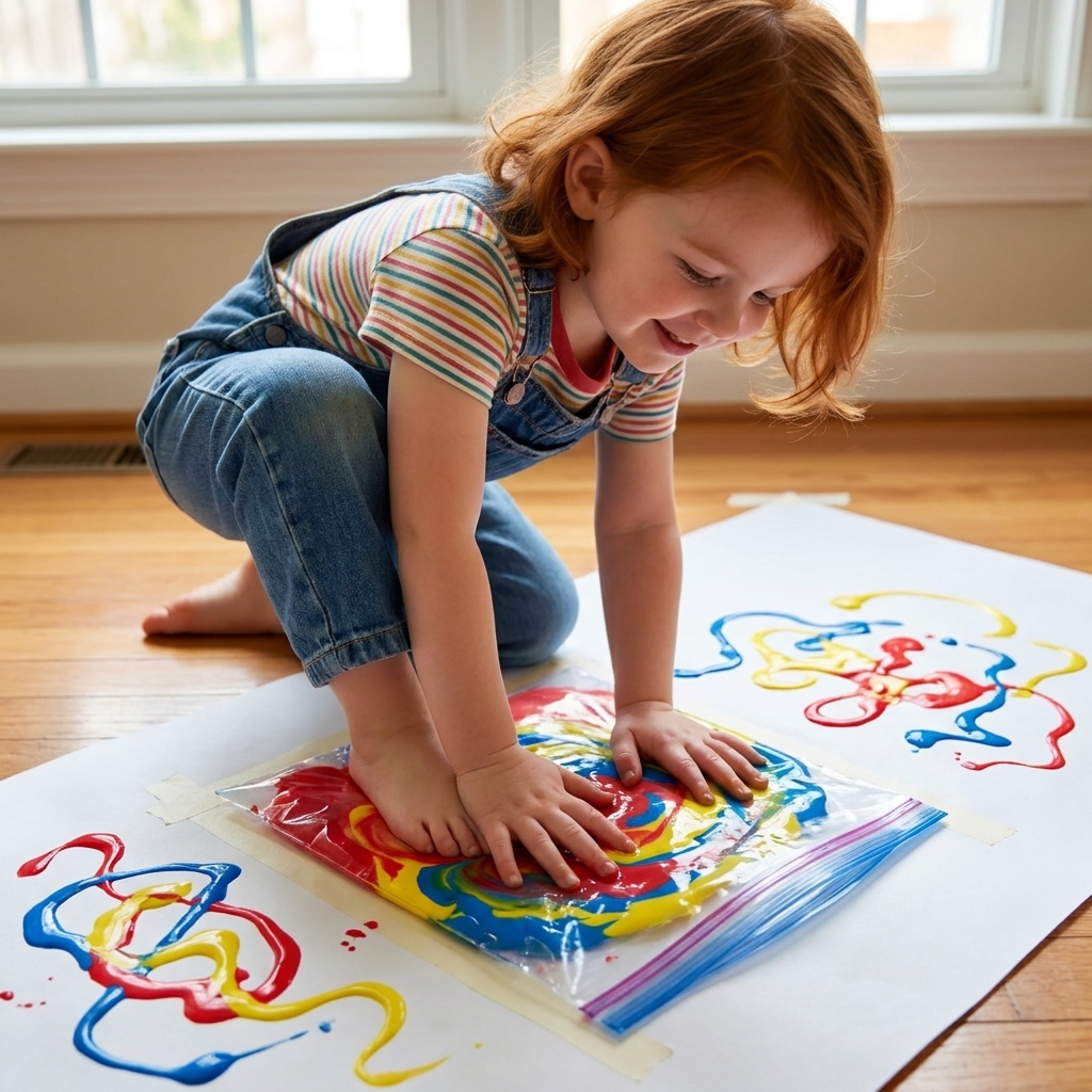 A preschool child pressing and stomping on a sealed zip-top bag of washable paint taped to paper on the floor