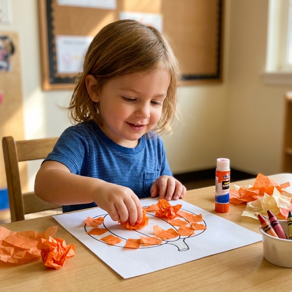 A preschool child pressing scrunched orange tissue paper onto a pumpkin shape on white paper with a glue stick nearby on a table