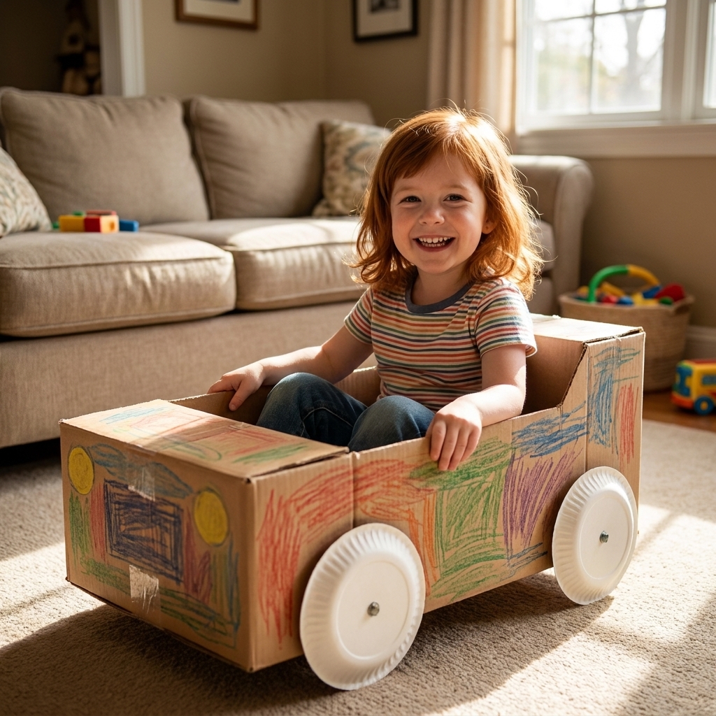 A preschool child sitting inside a decorated cardboard box car with paper plate wheels in a living room