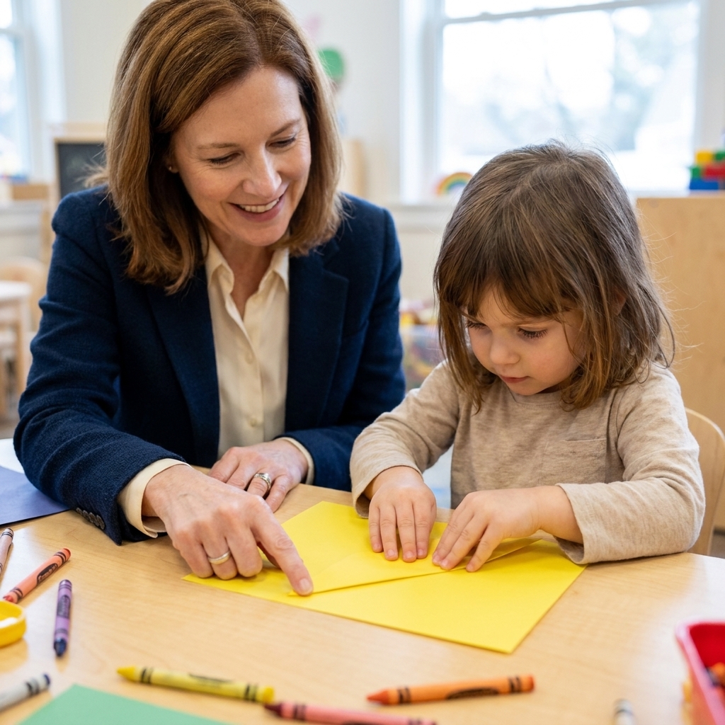 A preschool child using both hands to fold a bright sheet of construction paper carefully on a table while an adult hand points to the corner