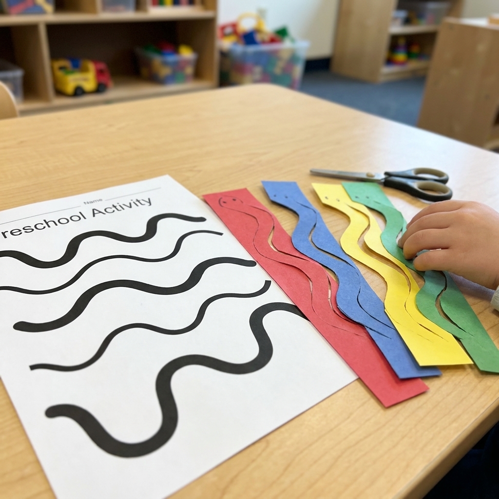 A preschool cutting activity sheet with thick wavy lines, partially cut into colorful paper snakes