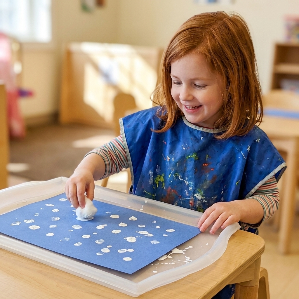 A preschooler stamping cotton balls into white paint on blue paper to make a snowy sky, with a tray underneath to catch drips