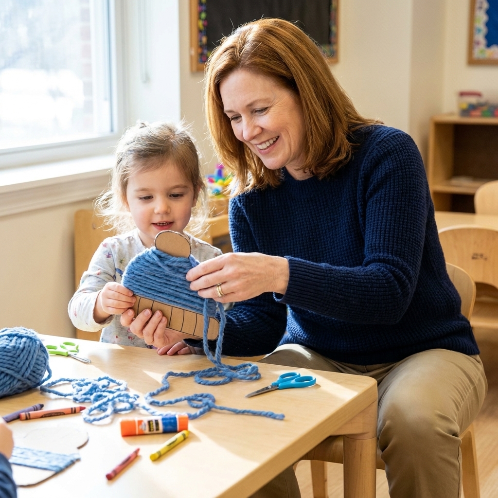 A preschooler wrapping chunky blue yarn around a paper winter hat cutout on a table, with child-safe scissors and glue nearby