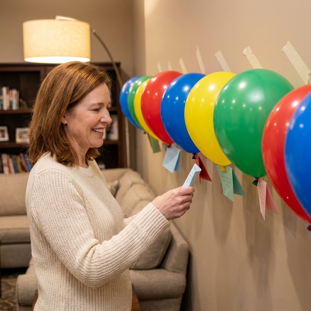 A row of colorful balloons taped to a wall with small paper notes tucked behind them in a family room