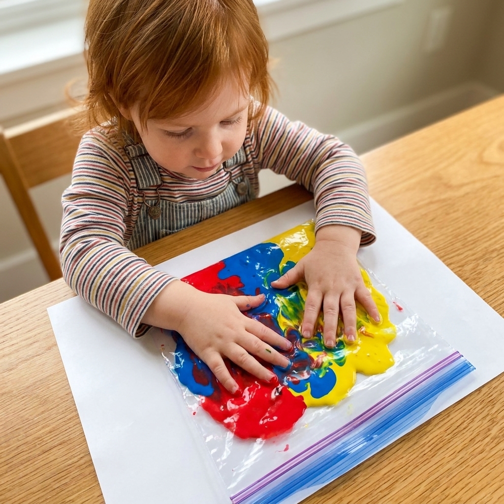 A sealed zip-top sensory bag with blobs of washable paint being pressed by a toddler on top of a sheet of white paper on a table