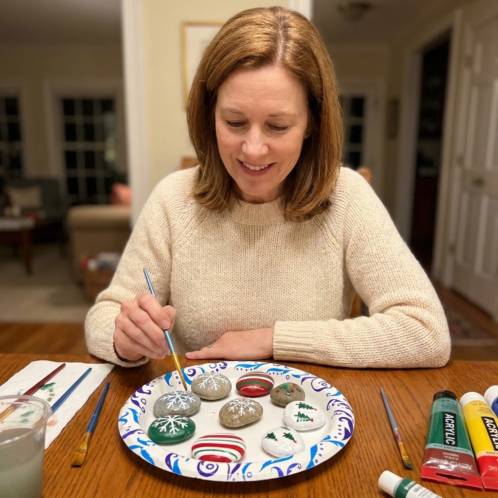 A set of smooth rocks painted with simple holiday patterns like snowflakes and stripes drying on a paper plate