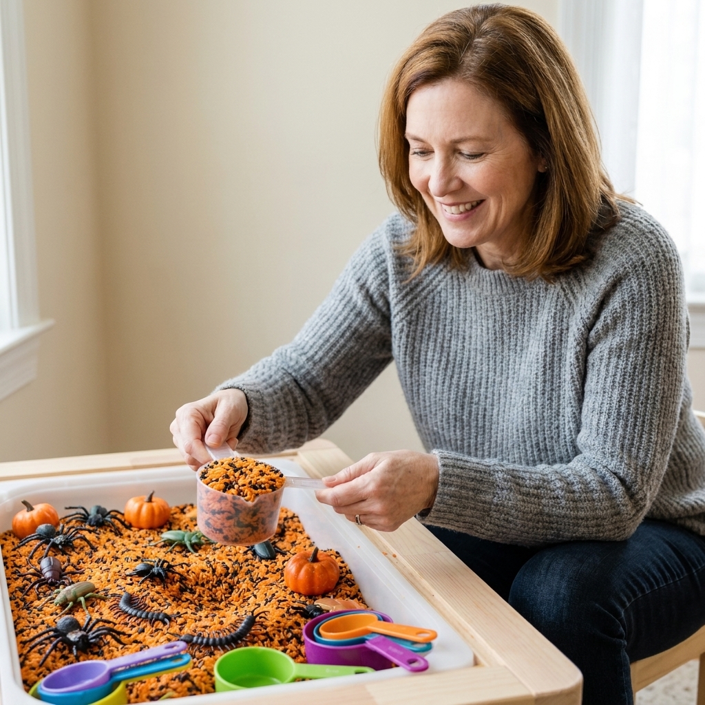 A shallow bin of orange and black dyed rice with plastic insects, mini pumpkins, and measuring cups arranged for sensory play