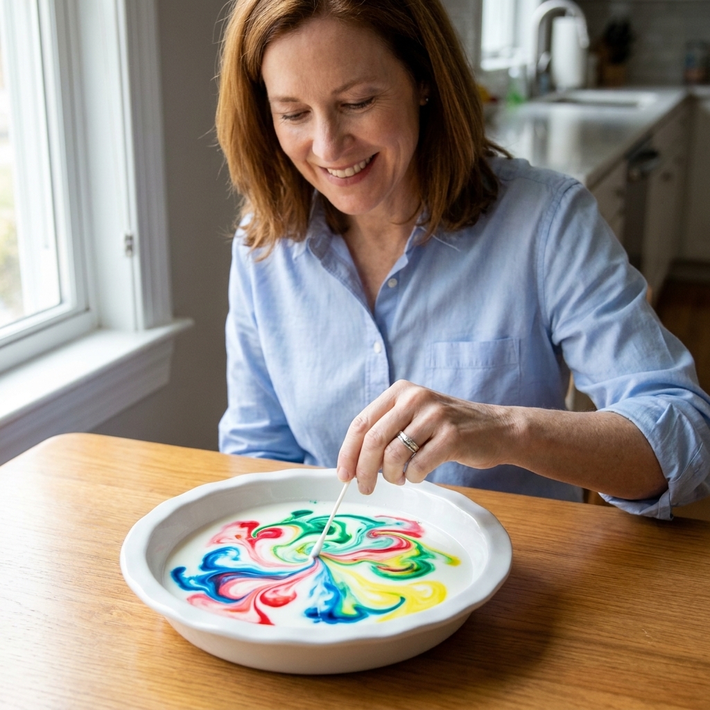 A shallow dish of milk with bright food coloring drops as a cotton swab touches the surface and the colors swirl outward