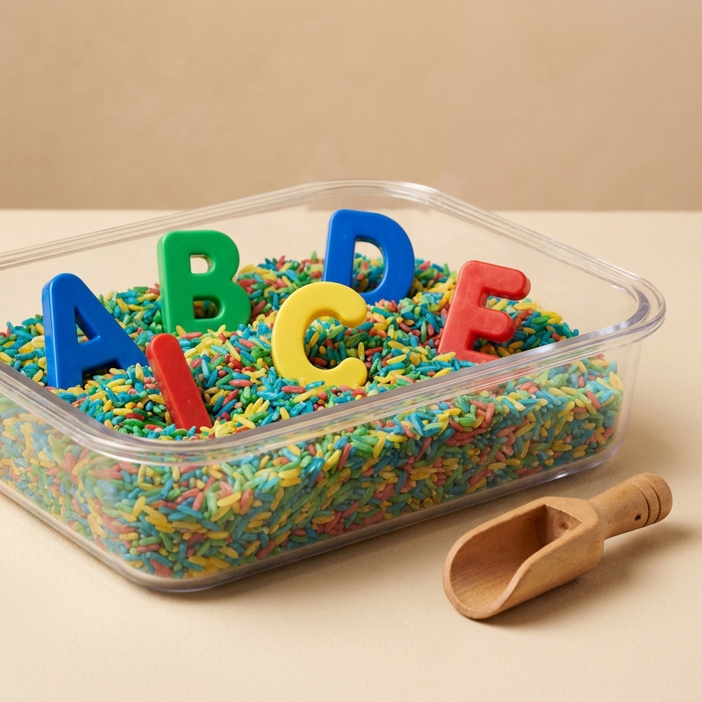 A shallow plastic bin filled with dyed rice and several chunky plastic letters partially buried, with a small scoop beside it