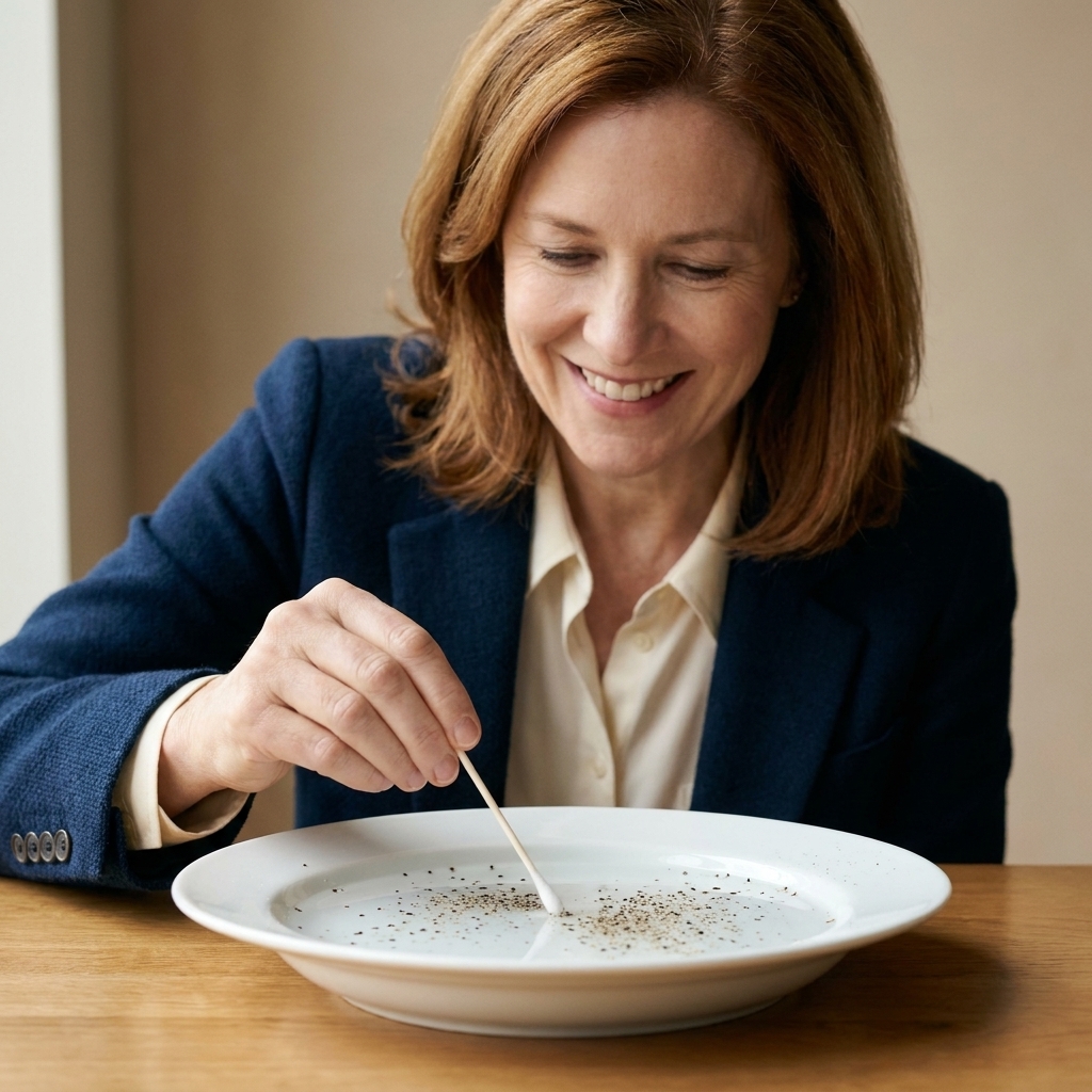 A shallow plate of water sprinkled with black pepper as a cotton swab touches the center and the pepper moves away