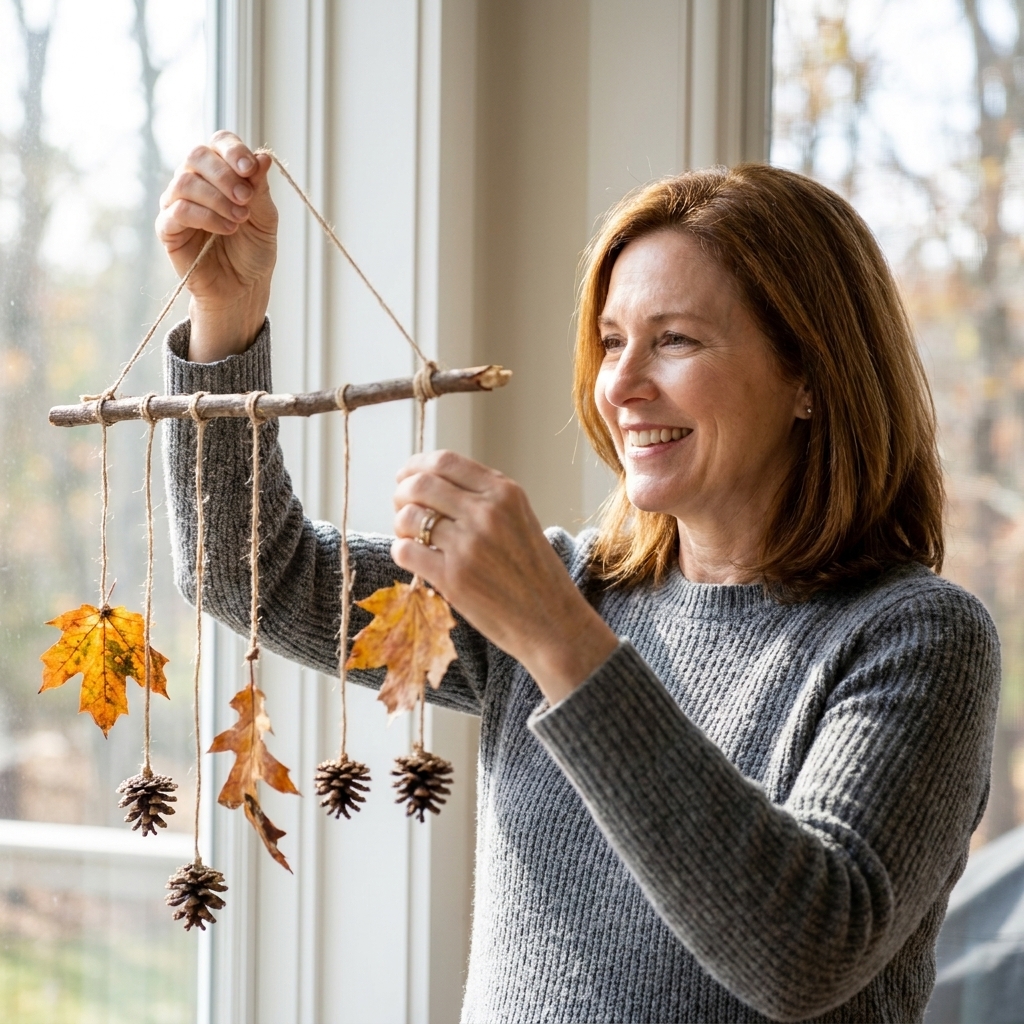 A simple nature mobile made from a branch with strings holding leaves and small pinecones, hanging near a bright window