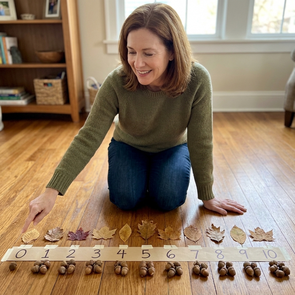 A simple number line made from paper strips on the floor with a fall leaf placed above each number and small piles of acorns placed on each number