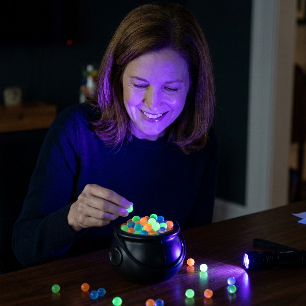 A small black plastic cauldron filled with hydrated neon water beads glowing under a UV light on a dark tabletop