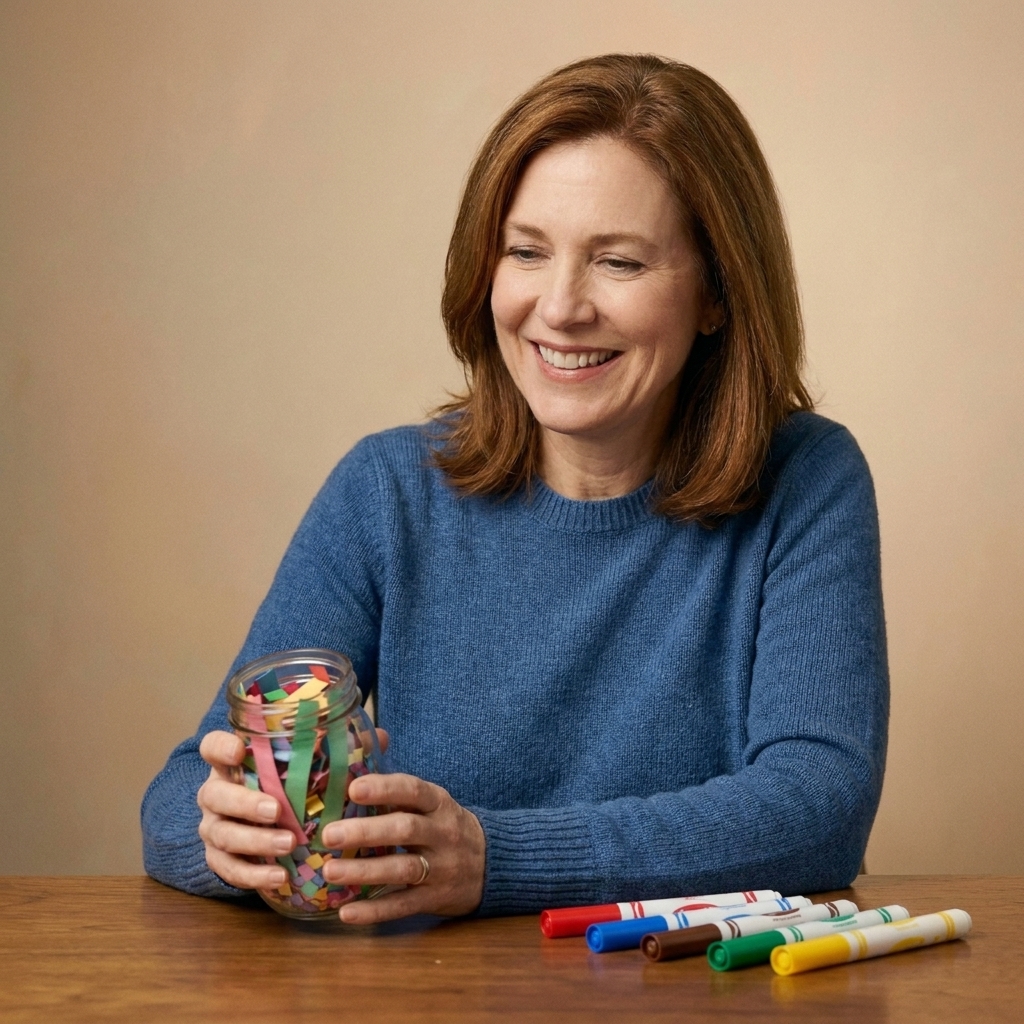 A small clear jar filled with colorful paper strips and confetti on a table with markers nearby