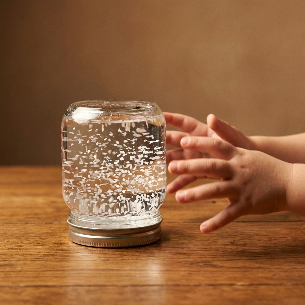 A small clear jar snow globe on a wooden table with white confetti floating in water, next to a child’s hands reaching toward it