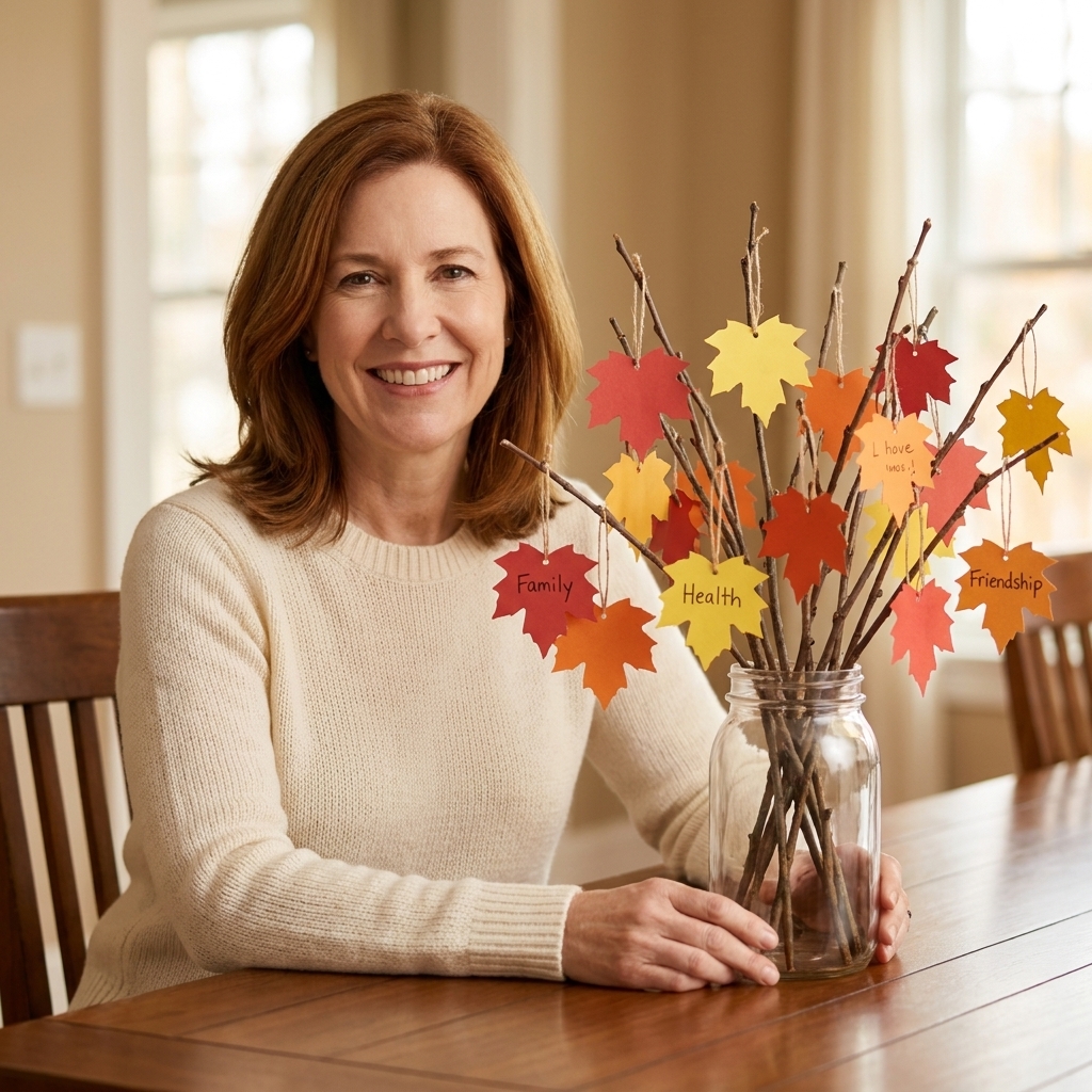 A small gratitude tree centerpiece made from branches in a jar on a dining table with paper leaves hanging from string