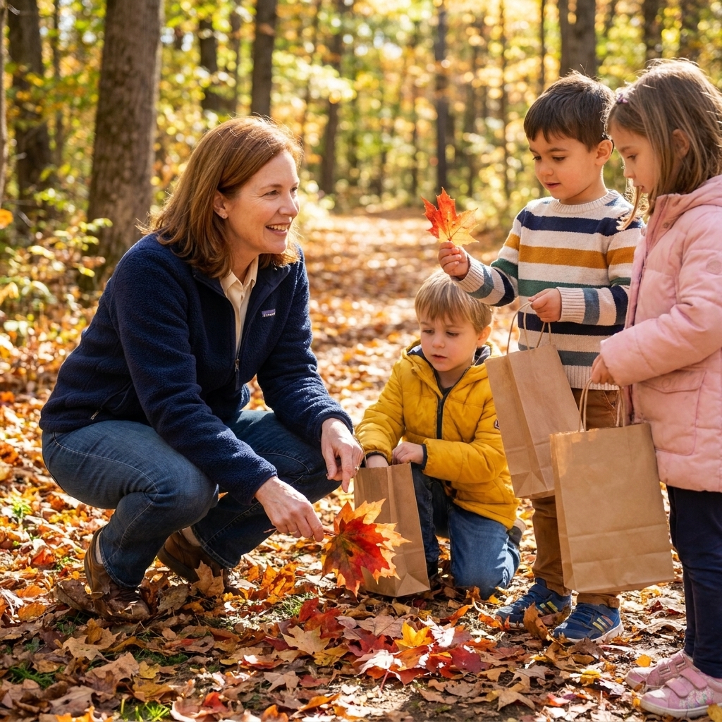 A small group of kindergarteners on a nature walk holding paper bags while an adult points to fallen leaves on the ground