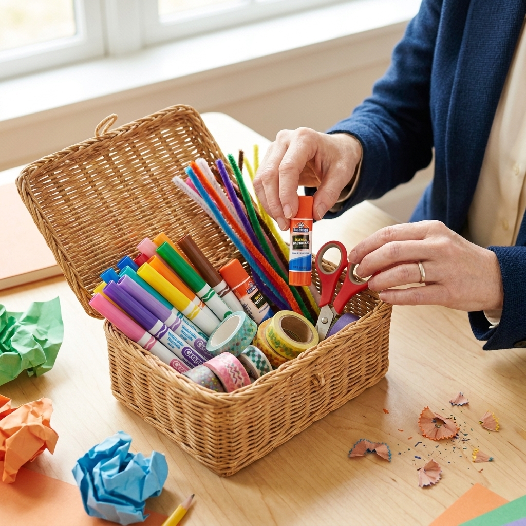 A small open basket filled with washable markers, glue sticks, washi tape rolls, pipe cleaners, and kid scissors on a bright craft table