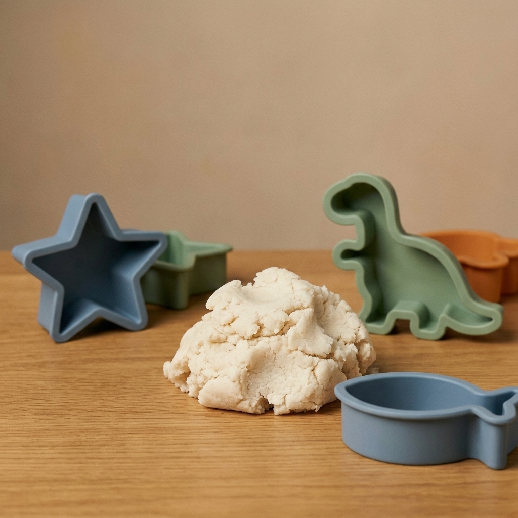 A small pile of gluten-free rice flour playdough in a neutral color on a tabletop with toddler-safe silicone molds nearby