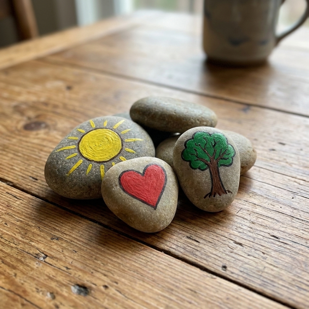 A small pile of smooth painted rocks featuring simple shapes like a sun, a heart, and a tree on a wooden kitchen table