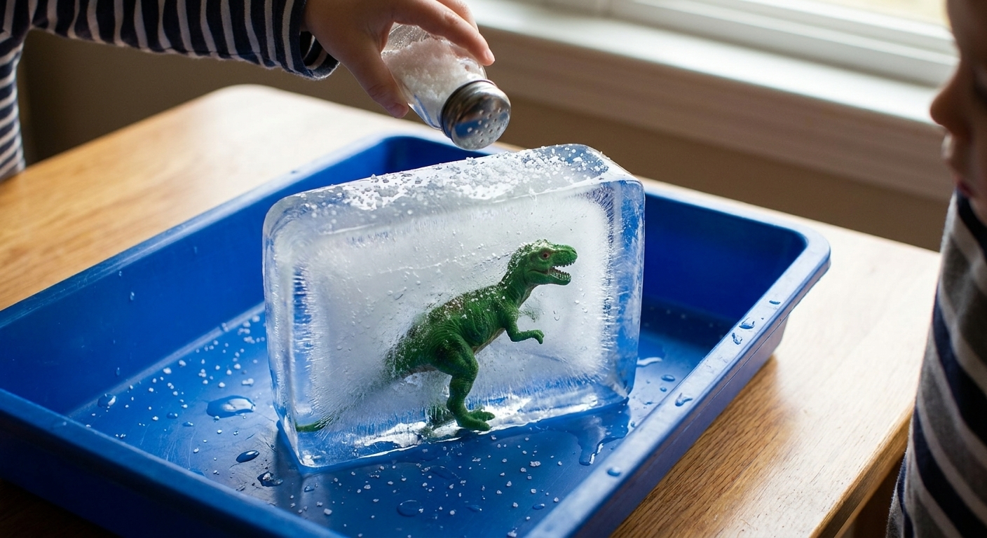 A small plastic dinosaur trapped in a clear ice block in a plastic bin as a child sprinkles salt over the top