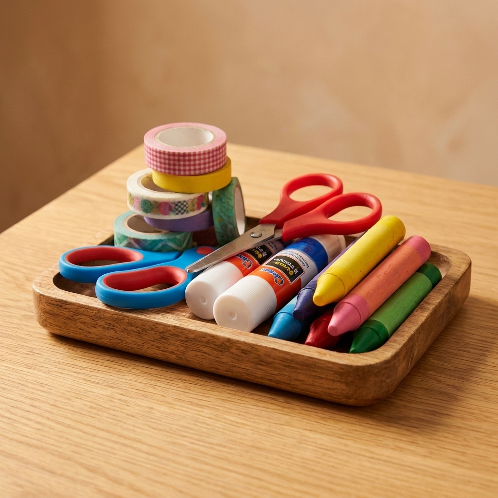 A small tray holding washi tape rolls, blunt-tip scissors, glue sticks, and toddler-safe crayons ready for a simple craft session
