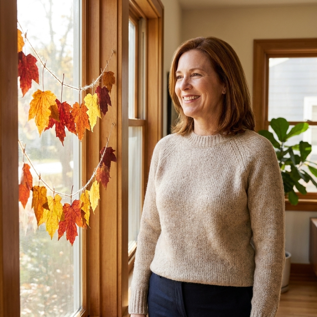 A strand of pressed autumn leaves hanging on twine across a bright window in a home