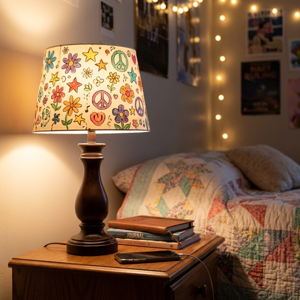 A table lamp with a hand-painted shade on a bedside table in a tween bedroom